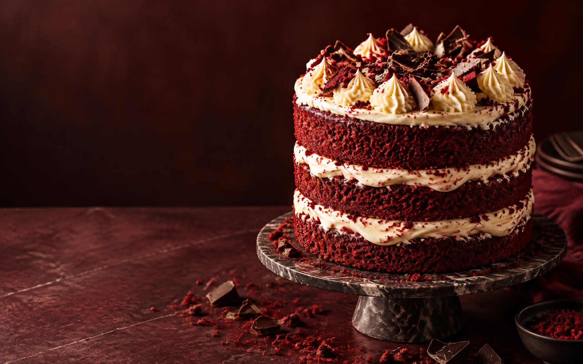 Dramatic red velvet layer cake with cream frosting